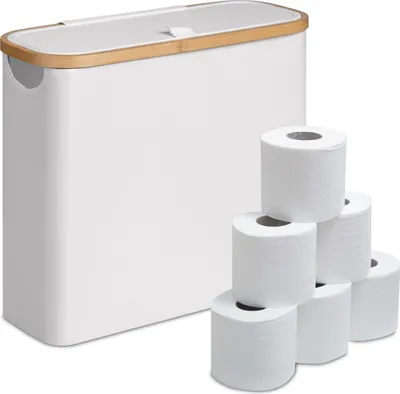 Immagine prodotto di Relaxdays Portarotolo, 12 rotoli, A x L x P: 38 x 43 x 17 cm, tessuto, bambù, cestino per carta igienica, scorta, bianco