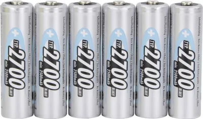 Six silver AA batteries are lined up side-by-side against a white background.