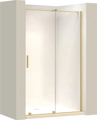 A shower door with gold accents and clear glass, shown in a neutral setting.