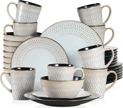 Produktbild von Geschirrset, elegantes Design, langlebiges Steinzeug, PLUVO Grau 32-Teile