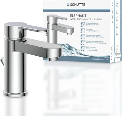 Produktbild von SCHÜTTE ELEPHANT, Waschtischarmatur mit Zugstange, Wasserhahn Bad mit Ablaufgarnitur Waschbecken in Chrom