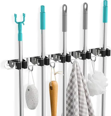 Produktbild von Besenhalterung Wand, mit 5 Halter+4 Haken, Selbstklebend Besenhalter, Rostfreie Stähle Wandhalterung Besen，Wandmontage Gartengerätehalter für Küchen, Bäder, Gärten
