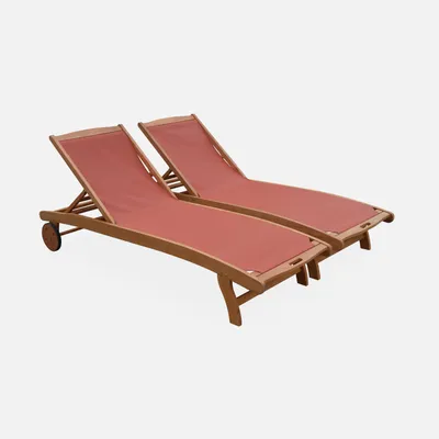 Immagine prodotto di Set 2 lettini prendisole in legno multiposizione con ruote, Terracotta