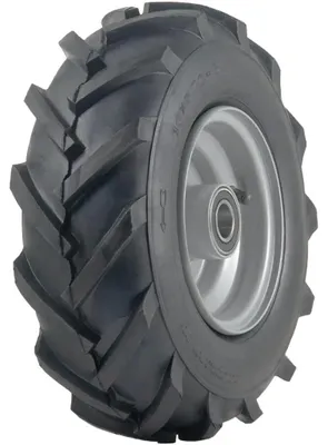 Produktbild von 13x5.00-6 Reifen mit offener Mitte, Stollenprofil und Rotovator-Stollen für den Einsatz in der Landwirtschaft, montiert auf einer 20-mm-Kugelachse