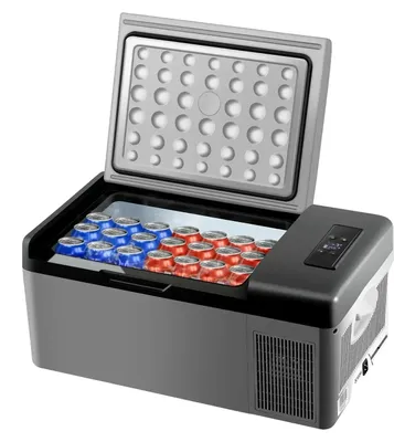 Productafbeelding van Draagbare autokoeelkast, 15 liter inhoud, koelbereik van -20°C tot 10°C, 12/24V DC en 100-240V AC, 45W vermogen, afmetingen 59,7 cm x 32 cm x 25,9 cm