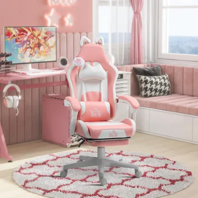 Produktbild von Gaming-Stuhl mit Katzenohren und Fußstütze, neigbare Rückenlehne bis 135°, Kunstleder, Rosa/Weiß | 65x62x124 cm | bis 120 kg | mit Lendenkissen