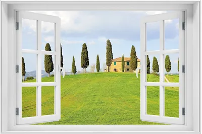 Produktbild von Wallario Wandbild mit Fenster-Illusion: Villa auf einem Hügel in der Toskana, Größe: 61 x 91,5 cm, Poster mit weißem Aluminiumrahmen
