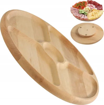 Produktbild von KADAX Servierplatte, Drehteller aus natürlichem Holz, 33,5cm Drehplatte mit Fächern, Servierteller für Chips und Dip, Snackteller zum Servieren von Fleisch (Buchenholz)