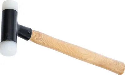 A rubber mallet with a wooden handle is shown against a white background.