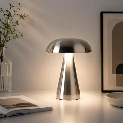 Produktbild von LED-Pilzlampe, tragbare Metall-Schreibtischlampe,USB-Aufladung Nachttischlampe,  dreifarbiges Touch-Kabellos Dimmen, Augenschutz-Nachtlicht, Silber