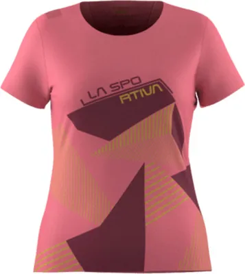 Rosa T-Shirt für Damen von La Sportiva mit geometrischem Design und Logo.