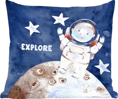 Produktbild von MuchoWow® Zierkissen Sofakissen Wohnzimmer Dekokissen 40x40 cm Sprichwörter - Zitate - 'Erforschen' - Astronaut - Jungen - Mädchen - Kinder - Foto Kissen - Schlafzimmer Dekoration