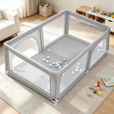 Produktbild von Baby Laufgitter faltbar 180x120cm Laufstall Absperrgitter mit 50 Spielbällen,Rutschfester Basis Grau