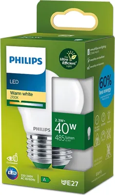 Produktbild von Philips Filament-Lampe, Tropfenform, matt 40W P45 E27, 2,3 W, 40 W, E27, 485 lm, 50000 h