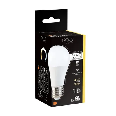 A product box for an LED light bulb, with the bulb itself partially visible.
