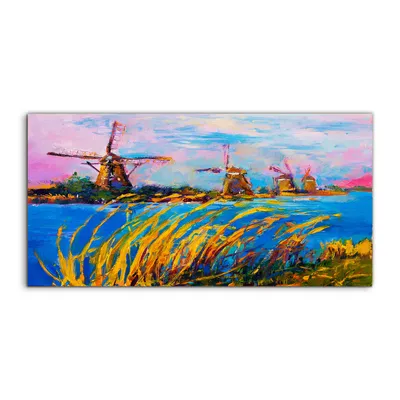 Produktbild von Coloray Glasbild 140x70  Wandbild Glasbilder Windmühlen Wasser Landschafts Natur