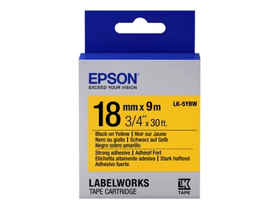 Produktbild von Epson Etikettenkassette LK-5YBW - Stark haftend - schwarz auf gelb - 18mmx9m, Schwarz auf gelb, Japan, LabelWorks LW-1000P LabelWorks LW-400 LabelWorks LW-400VP LabelWorks LW-600P LabelWorks LW-700..., 1,8 cm, 9 m, 1 Stück(e)