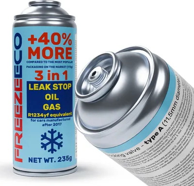 Zdjęcie produktu dla Czynnik chłodniczy R1234yf do klimatyzacji – ZESTAW DO UZUPEŁNIANIA Klimagas FreezeEco +40% 400 ml