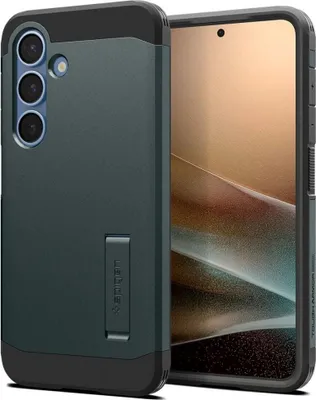 A green and black phone case with a kickstand is shown next to a smartphone.