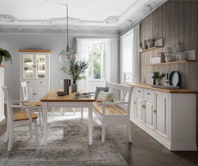 Produktbild von Esszimmer Set weiß ESBJERG-69 Landhausstil in Kiefer weiß lackiert mit Eiche massiv 8-teilig