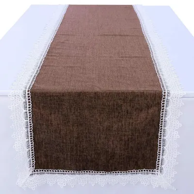 Immagine prodotto di Tovaglia rettangolare effetto lino, con bordo in pizzo, color marrone, dimensioni 38x192 cm, 100% poliestere