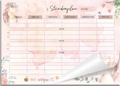 Produktbild von Stundenplan Schule Einhorn Design - Mädchen Unicorn Rosa Stundenplan Block | Grundschule Stundenplaner aus DIN A4 Papier | Wochenplaner für Kinder ab der 1 Klasse