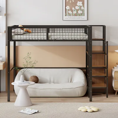 Produktbild von Hochbett 140*200 mit Leiter, Kinderbett mit Eisenrahmen und Aufbewahrungsregal, Kleiderschrank schwarz