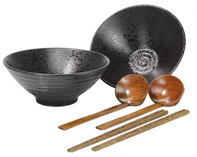 Produktbild von Keramisches Japanisches Ramen Schüssel Set - 6-teiliges Set mit Löffel und Stäbchen, Ideal für Asiatische Gerichte