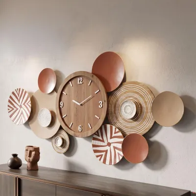 Zdjęcie produktu dla Geometryczny zegar ścienny z metalu i brązowego drewna 127,6x7,6x61 cm