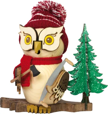 Produktbild von Drechslerei Kuhnert - Räucherfigur Eule als Waldarbeiter - Größe ca. 15cm, für Räucherkerzen Größe M (Standard) - 37231