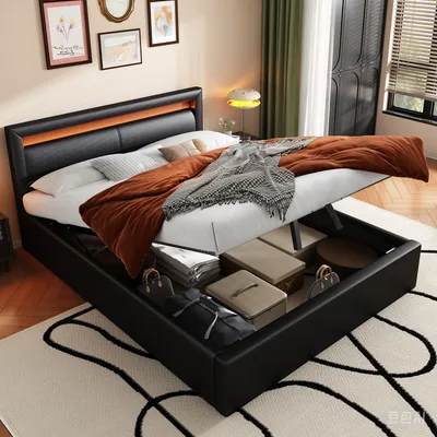 Image de okwish Lit rembourré 140x190 pour jeunesse, lit simple avec coffre et sommier en PU, éclairage intégré, noir (sans matelas)
