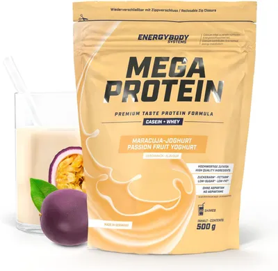 Produktbild von Energybody Mega Protein "Maracuja-Joghurt", Proteinpulver mit Whey und Casein, Eiweißpulver, 500 g Beutel