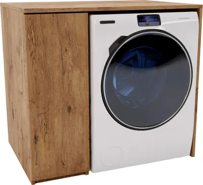 A washing machine is shown next to a wooden cabinet, likely a storage unit or a housing for the appliance.