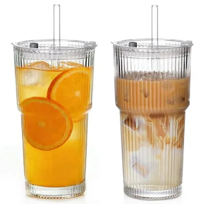 Immagine prodotto di Set di 2 bicchieri in vetro da 600 ml con coperchio e cannuccia, a prova di perdite, con motivo a righe