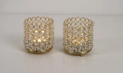 Produktbild von Kristall Kerzenständer 2er Set 'Lucy' Gold (Größe: S) - Teelichthalter, Kerzenhalter, Kerzenleuchter, Tischdeko und Gastgeschenk