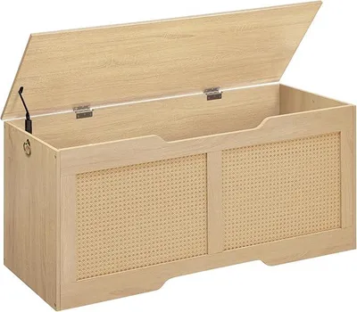 Produktbild von Schuhbank, Sitzbank mit Stauraum, 110 cm Rattan-Aufbewahrungstruhe mit Sicherheitsscharnier, Aufbewahrungsbank, Aufbewahrungsbox, für Flur, Schlafzimmer, Natur ENL22CW01