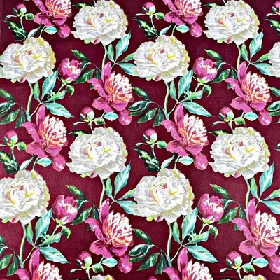 Produktbild von Baumwolle 100% Pfingstrosen rosa-weiß auf bordeaux Hintergrund - 220 cm