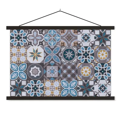 Produktbild von MuchoWow® Textilposter Blumen - Muster - Blau - Braun 150x100 cm mit schwarzem Rahmen - Schlafzimmer
