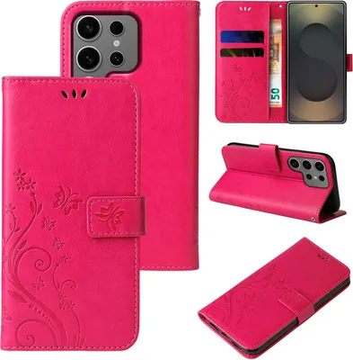 Produktbild von Handyhülle für Samsung Galaxy S25 Ultra Floral Blumen Schmetterling Flip Cover Hülle Case Klapphülle Handytasche Farbe: Pink