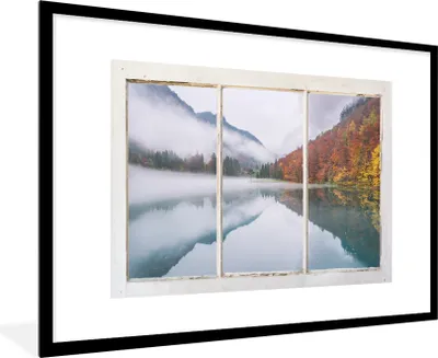 Produktbild von MuchoWow® Gerahmtes Poster Aussicht - Herbst - Berg 90x60 cm - Poster mit Schwarzem Bilderrahmen Wandposter Rahmen Foto Bilder - Wanddekoration - Fotos