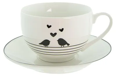 Image de Clayre & Eef Tasse avec soucoupe 220 ml Blanc Noir Porcelaine Coeurs Oiseaux