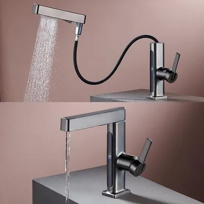 Image de Robinetterie de salle de bains grise avec douchette extractible, affichage LED de la température, pivotante à 360 degrés, 2 modes de jet, mitigeur monocommande pour lavabo de salle de bains
