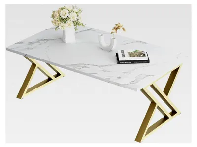 Produktbild von Couchtisch aus Holz mit Metallgestell, 100 x 48 x 55 cm, Marmor Weiß und Gold
