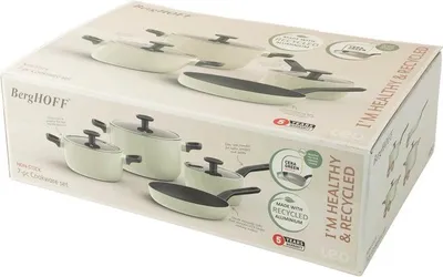 Produktbild von BergHOFF Leo 7-teiliges Kochtopf-Set, Antihaft-Keramikbeschichtung, Induktion, recyceltes Aluminium, grün, Glasdeckel, Antirutsch-Griffe