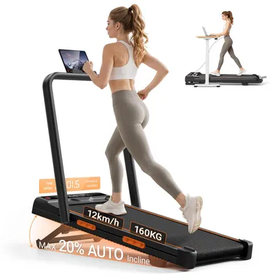 Image de Tapis de course pliable, inclinaison automatique de 20 %, tapis de marche de 12 km/h, écran LED, support pour tablette, moteur de 3,0 chevaux, capacité maximale de 160 kg – idéal pour une utilisation à domicile et dans les appartements. Dimensions : 118 cm, 105,5 cm, 160 kg, 57 cm