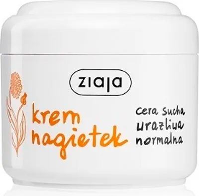 A white jar of Ziaja calendula cream with orange floral illustrations and text.
