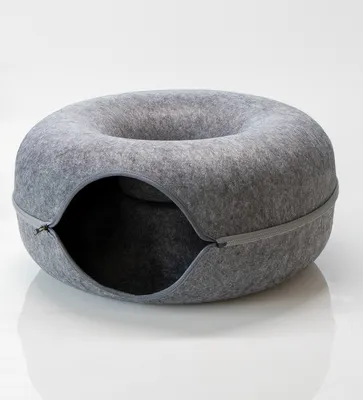 Produktbild von Katzentunnel Katzenhöhle Katzenbett Spielhöhle Kratzbaum+Küschenhöhle Grau 60x60x28 cm aus Filz, rund, Grau