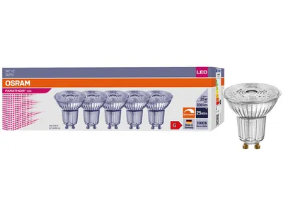 Produktbild von OSRAM LED-Reflektorlampe PARATHOM DIM, PAR16, GU10, EEK: G, 3,4 W, 230 lm, 3000 K, 5 Stück