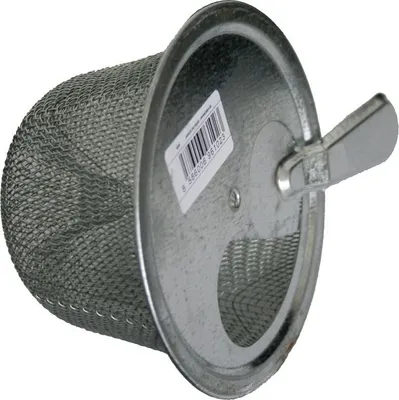A close-up, angled view of a metal mesh trap with a flat metal lid and a butterfly nut closure.
