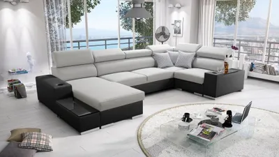 Produktbild von Wohnlandschaft in U-Form PERS IV MAXI Ecksofa Eckcouch mit Schlaffunktion (Grau SAWANA 84 + schwarzes Kunstleder, Links)